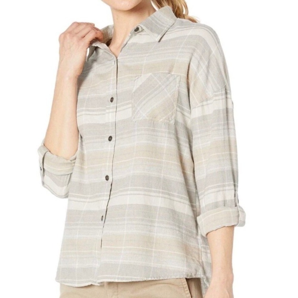 Prana Womens Plaid Button Down Flannel‎ Shirt Long Sleeve Casual Beige Size L
